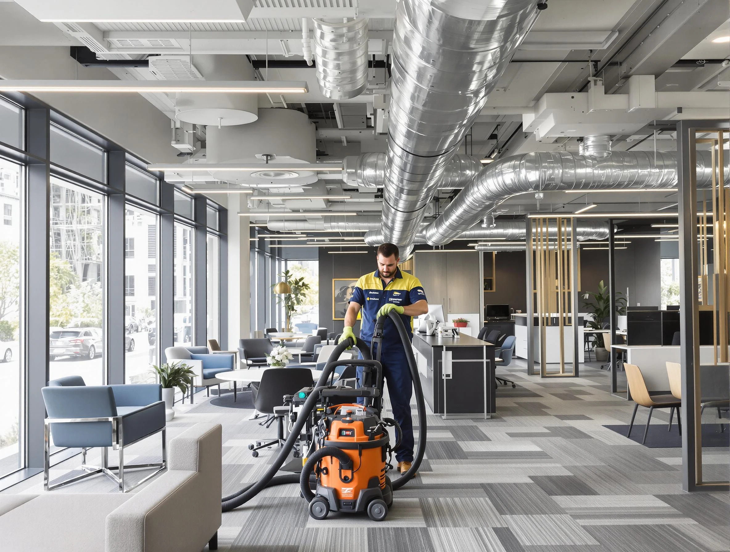 Chickasha Air Duct Cleaning team performing thorough commercial duct cleaning at a Chickasha business center